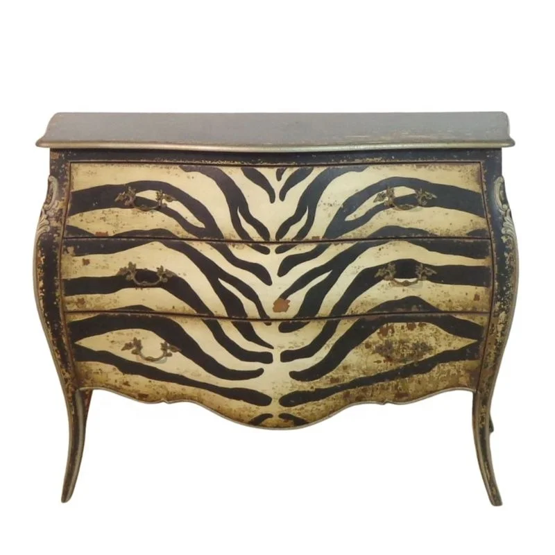 Vintage Zebra Print Commode French Style Solid Wood Chest of Drawers for Antique Bedroom Furniture Set and Hotel Furniture