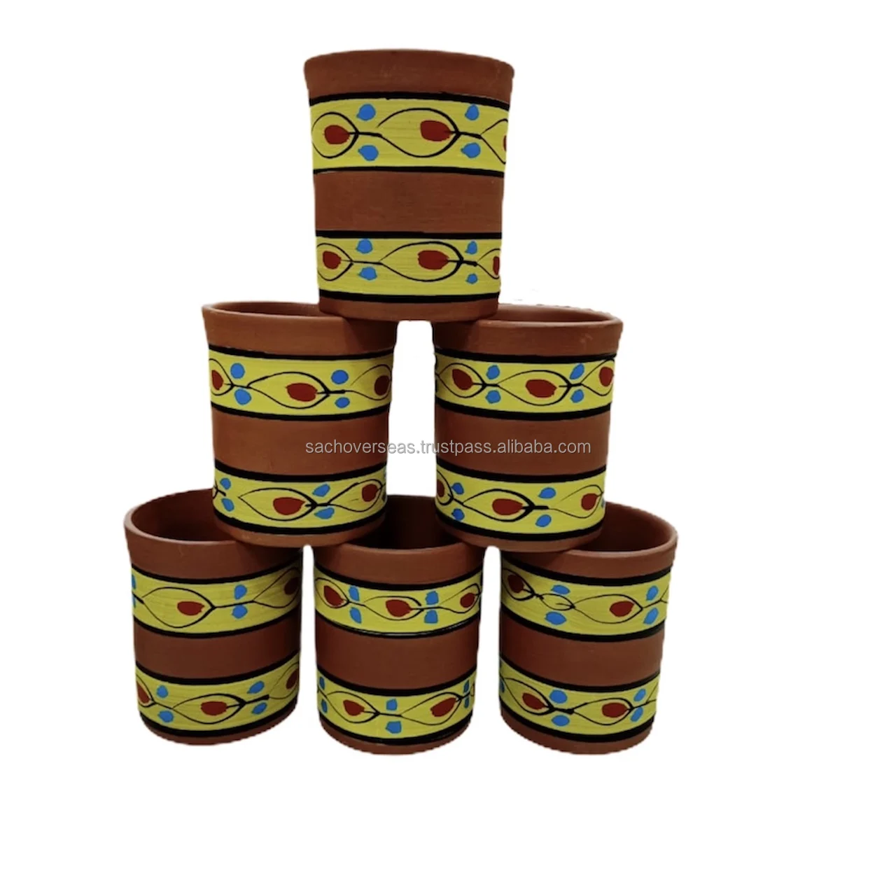 Eco Friendly Non Toxic  Hand-Painted Earthen Brown Ceramic Clay Glasses with Golden Painting For Wholesale
