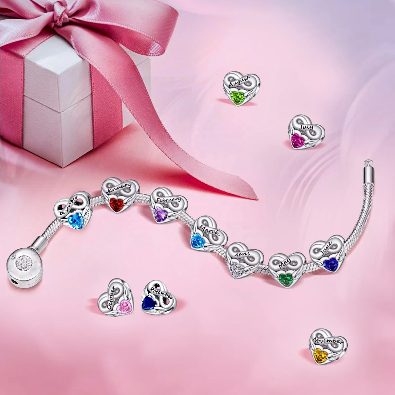 Original Birthstone Heart Charms Compatible With Bracelet  pandora Genuine 925 Sterling Silver For Women Jewelry DIY Making