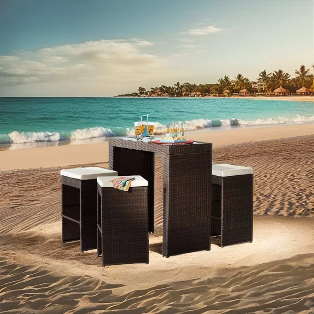 Patio Rattan Wicker Outdoor Furniture Bar Set with 4 Stools Removeable Cushions and Temper Glass Top