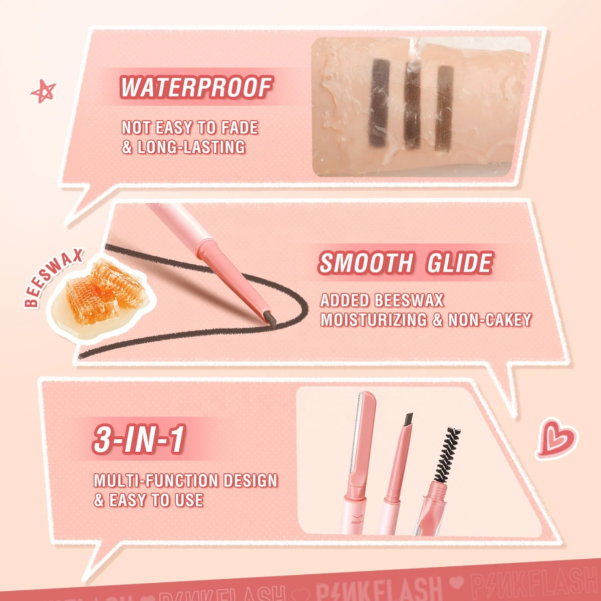 PINKFLASH E17 Automatic pink Eyebrow Pencil 3-in-1 Multi-use Brow Shaping Pen