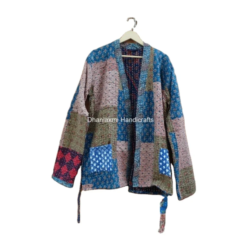 Wholesale Lot Indian Cotton Handmade Quilted Kantha Vintage Jacket With Belt Women Wear Vintage Kantha Ajrak Coat Ladies Blazer