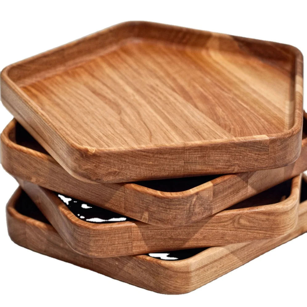 Hot Selling Wholesale Acacia Wood Square Breakfast Serving Tray  Wooden Bamboo designer food round snack serving Tray