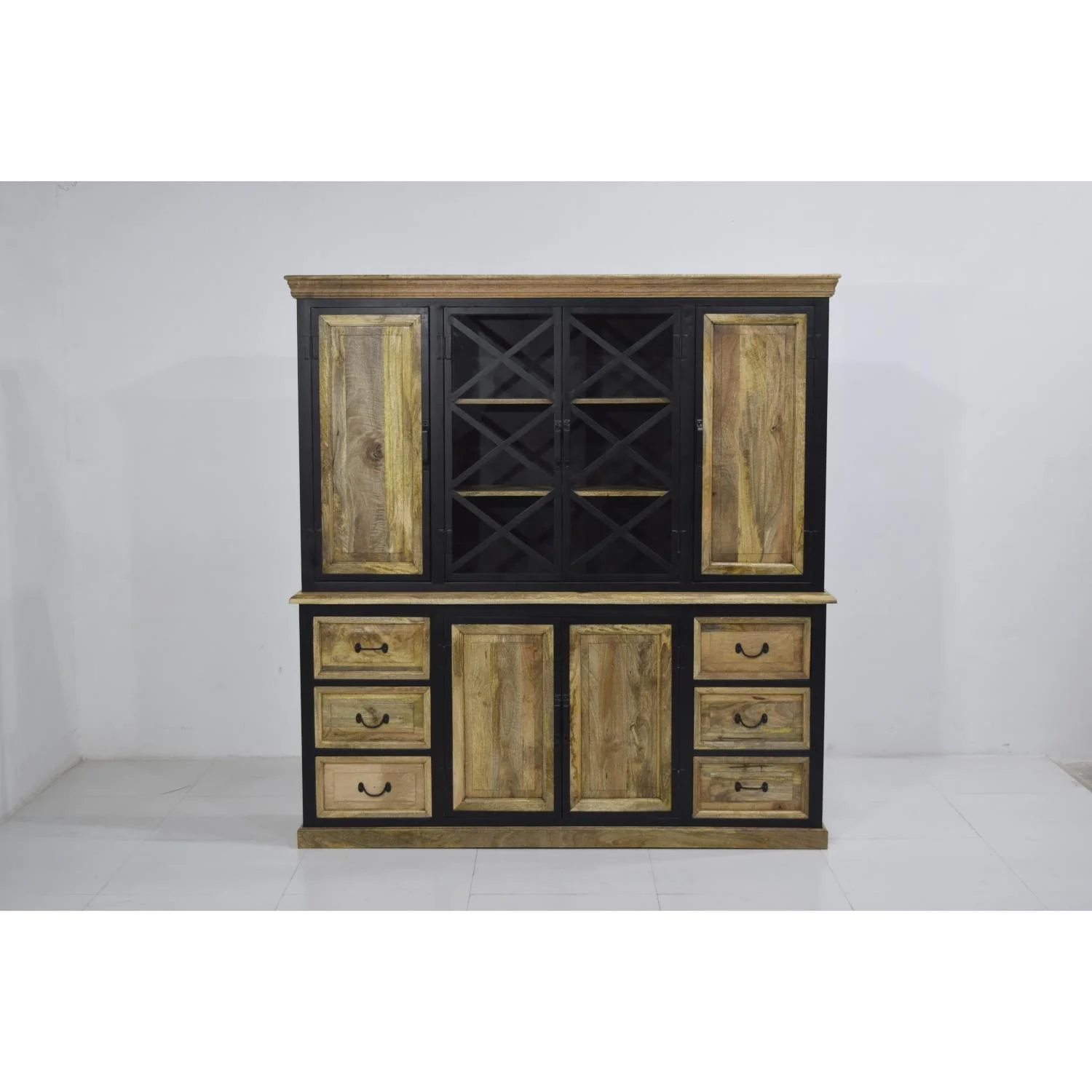 Solid Mango Wooden Iron Frame Glass Door Sliding Buffet Hutch Living Room Cabinet Showcase Storage Display Glass Doors