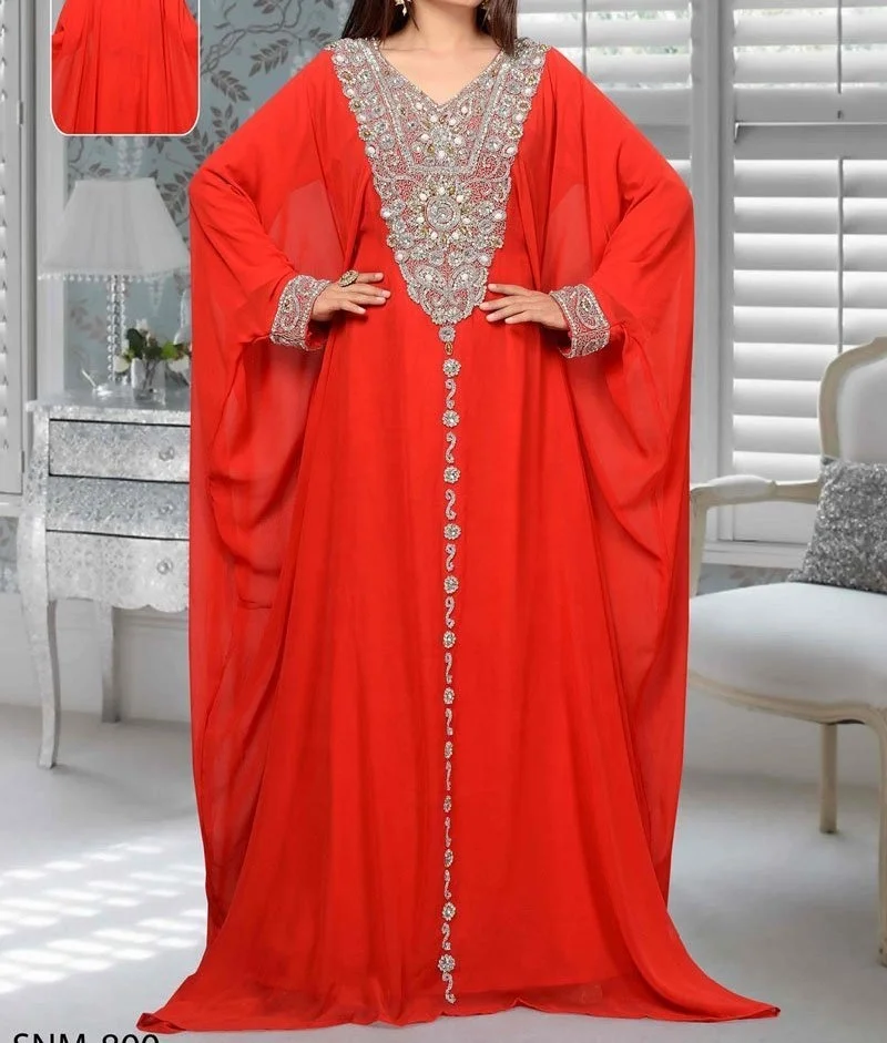 Latest muslim moroccan dress Half Farsha With best Glass Beads Work wedding floral islamic clothing jalabiya for women caftans