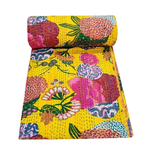 Желтое одеяло с принтом фруктов Kantha индийское ручной работы двухстороннее покрывало из ткани богемное постельное белье в стиле бохо