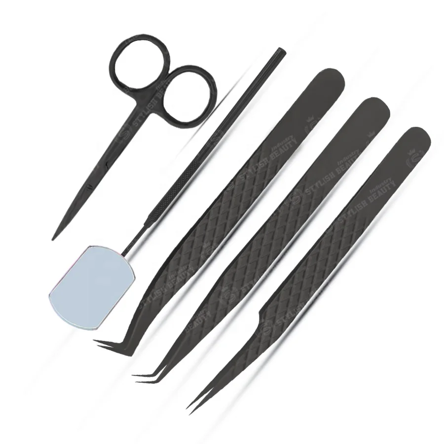 High Quality Professional Eyelash Extension Tweezers Hot Pink Color Custom Logo Eyelash Tweezers With Mirror And Scissor Set