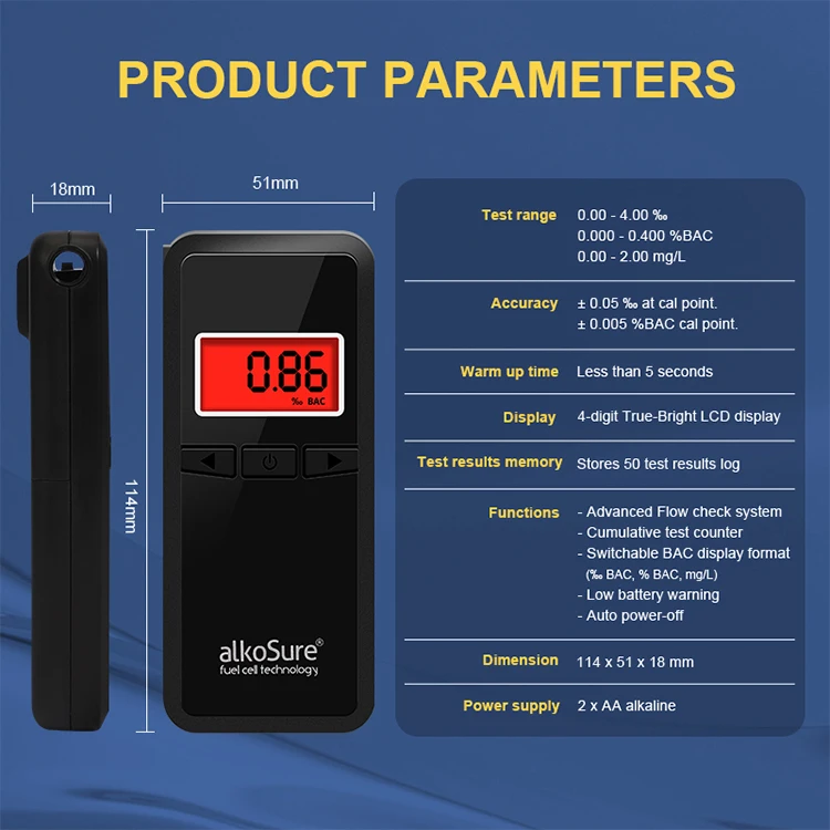 2023 New Design Fuel Cell Portable Digital Breathalyser Mouthpiece Alcohol Breath Tester