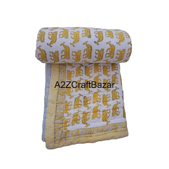 Handmade Indian Reversible Jaipuri Quilt Organic Floral Bed Spread Hand Block Print Ethnic Rajai Floral Bedding Hotel Home Decor