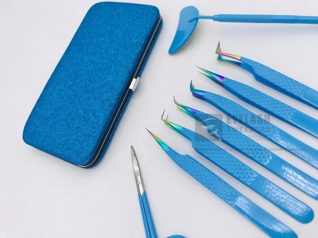 Sky Blue Color Coated With Rainbow Tip Sustainable Steel Diamond Grip Private Label Eyelash Extension Tweezers Lash Tweezer