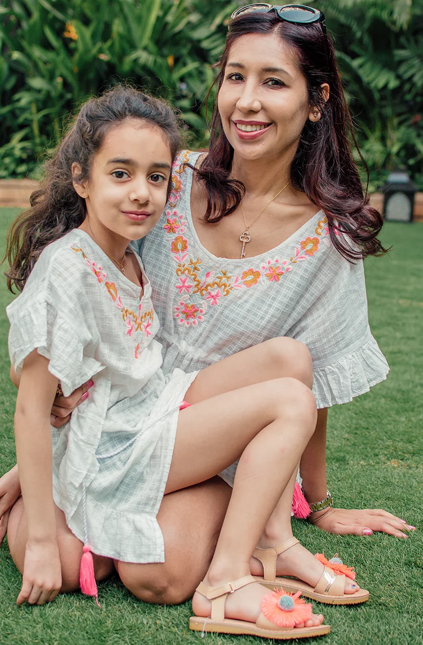 Trending New Mum & Me Matching Collection White Cotton Summer Wear Kaftan Decorated With Tassels & Beautiful Floral Embroidery