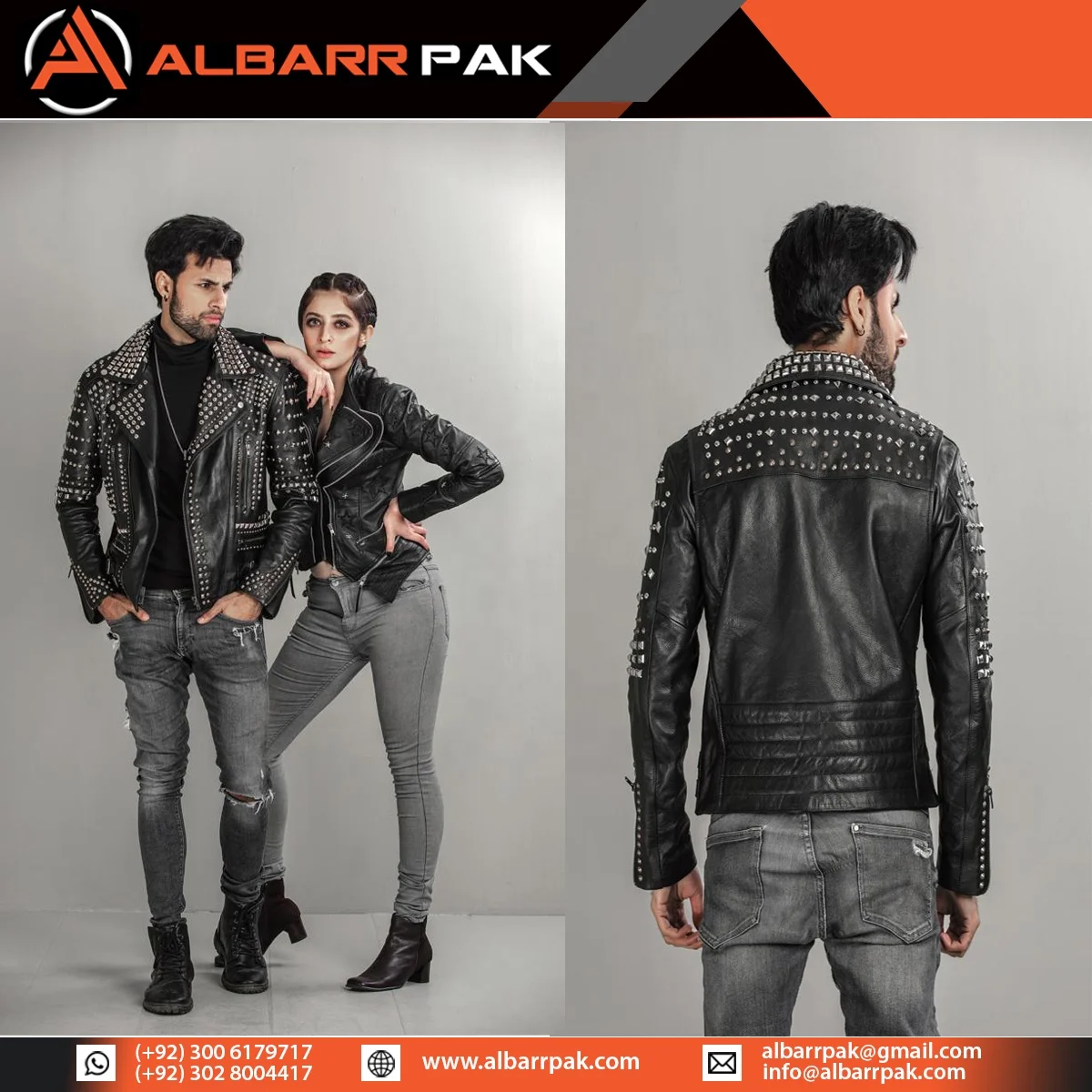 Men Silver Studded Long Spiked Jacket Leather Black Rock Punk Style Jacket Hollywood Jackets  - Albarr Pak