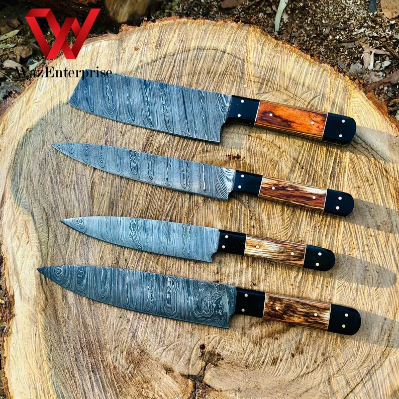 Chef Set Knifes Custom Handmade Damascus Steel Chef Set Professional Chef Set