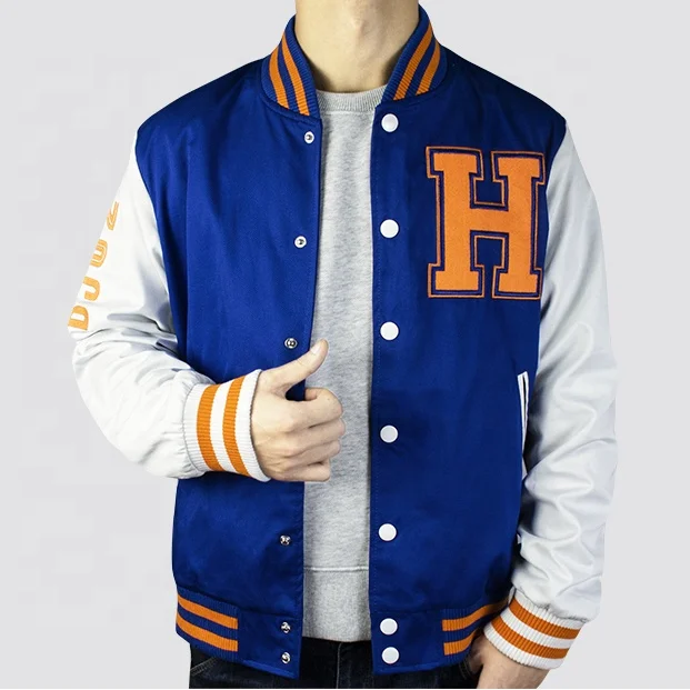 Chenille embroidery robber logo 3d design Custom made Baseball Jacket Navy Blue Wool & Leather Varsity Letterman Bomber