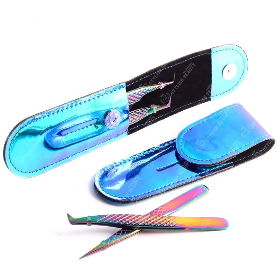 Multifunctional High Quality Anti Static Stainless Steel Vetus Eyelash Extension Tweezers With Pouch Packing Customized Logo
