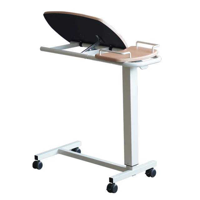 Modern Adjustable Gas-Spring Overbed Table ENT-1110H Steel Frame Wood Grain Top Hospital Home Bedroom Living Room School Use
