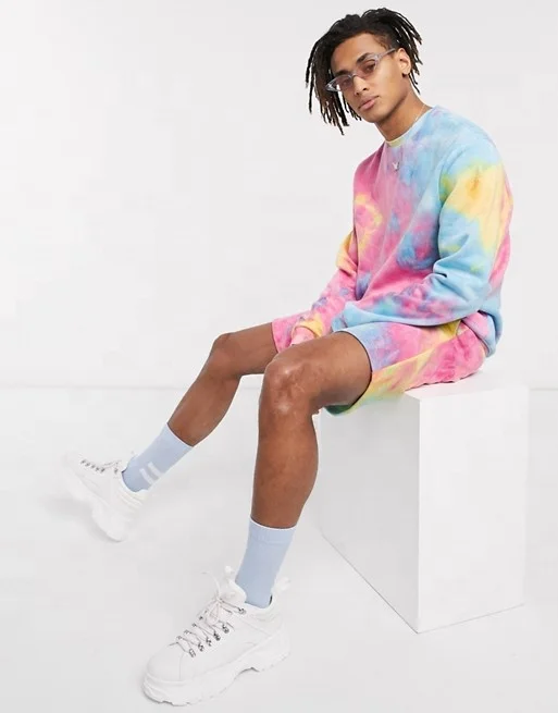 KY Side pockets Stretch waist sweatshirt and shorts co-ord shorts in candytie dye men short sets