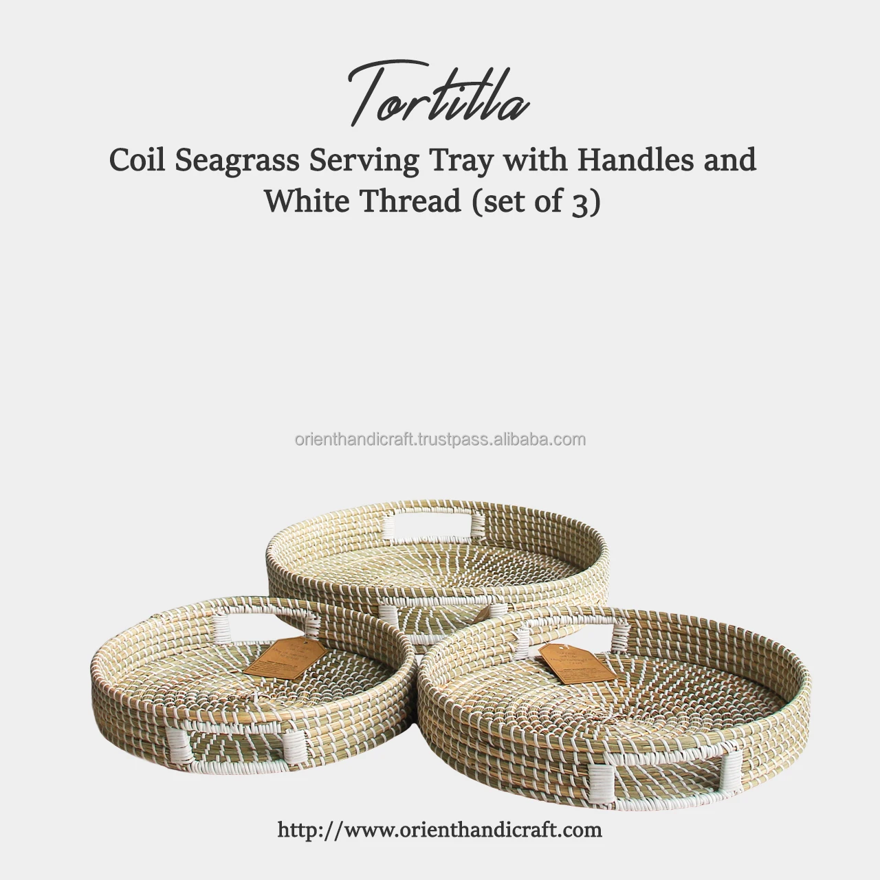 TORTILLA Coil Seagrass Serving Tray with Handles and White Thread (set of 3)