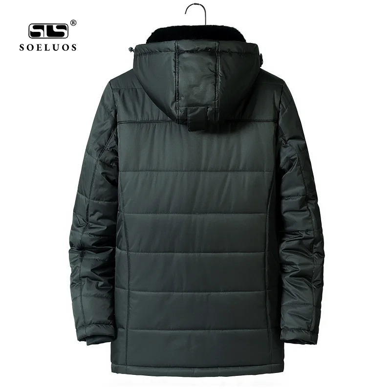 SOELUOS New Winter Fur Collar Hooded Long Quilted Cotton Jackets Business Casual Coats Overcoat For Men