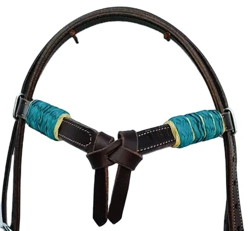 Hot Sale Brown Leather Headstall With  Blue And White Rawhide knotting Headstall For Horse Riding At Affordable Price