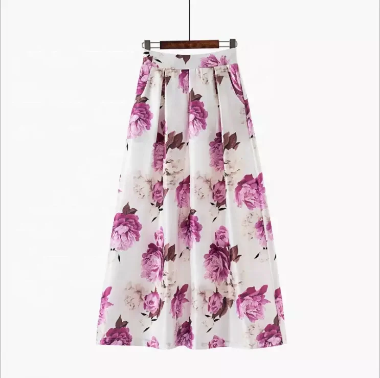 Women Summer Skirts 2022 Vintage Printed Chiffon Skirt Bow Waist Casual Holiday Beach Midi Skirt With Lining New Design