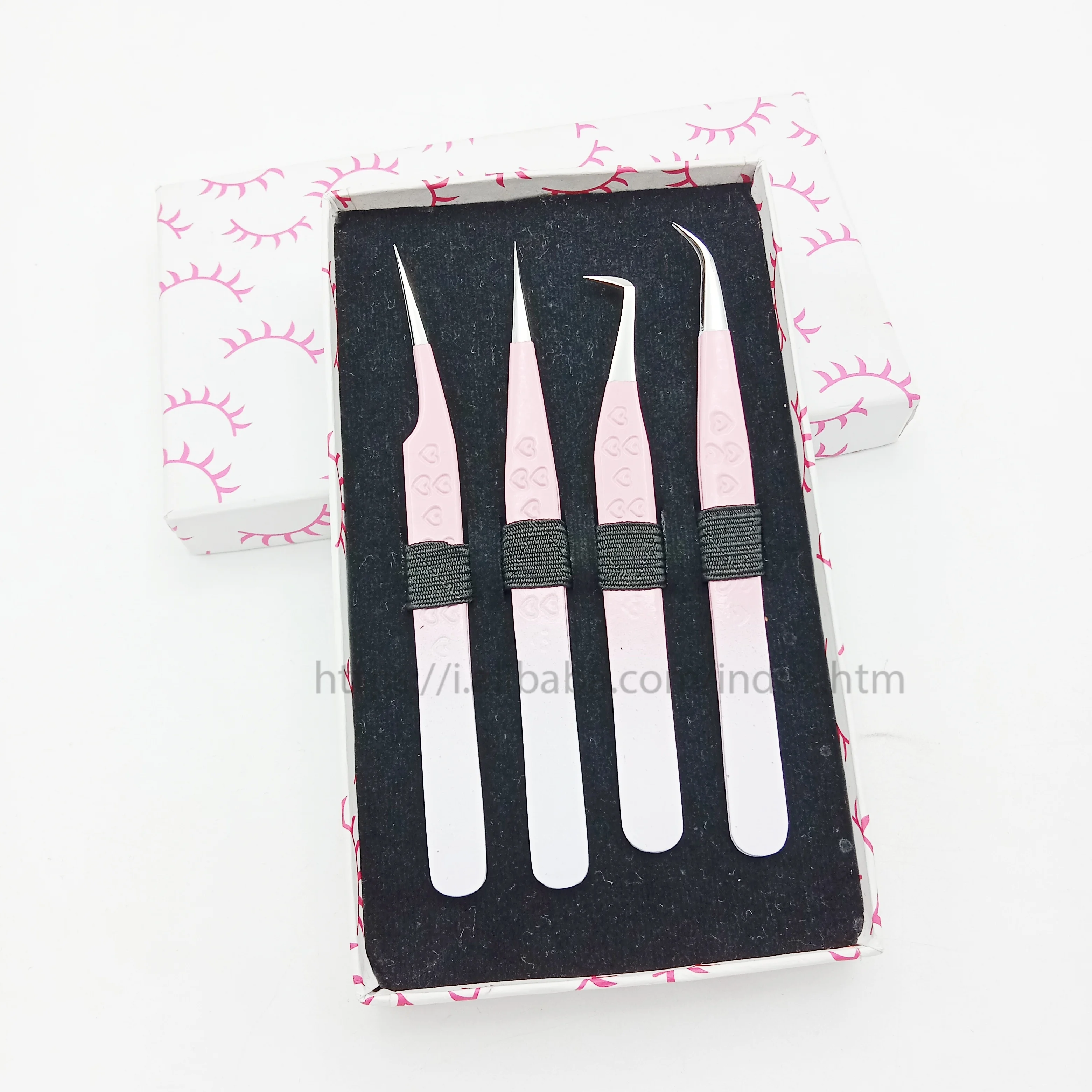 Wholesale Eyelash extension tweezer color  light pink color back white silver with high quality eyelash tool kits lash tweezers