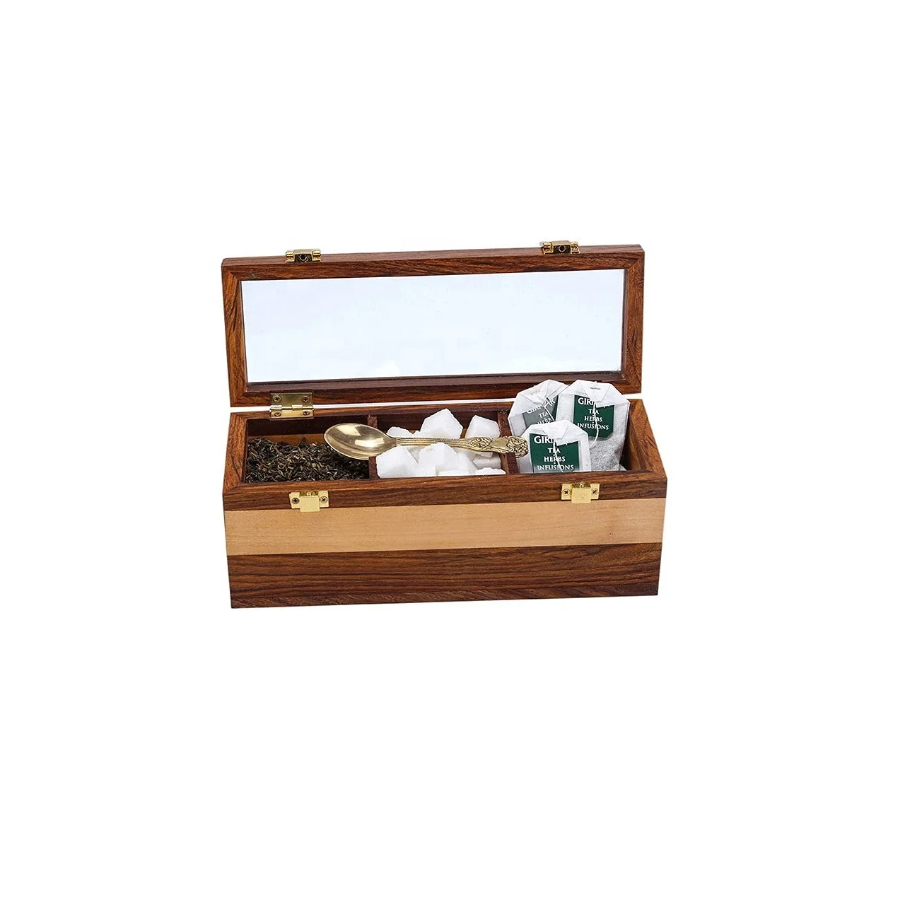Wooden Tea Box 3 Compartments Glass Top Wooden Tea Storage Box with Brass Lock