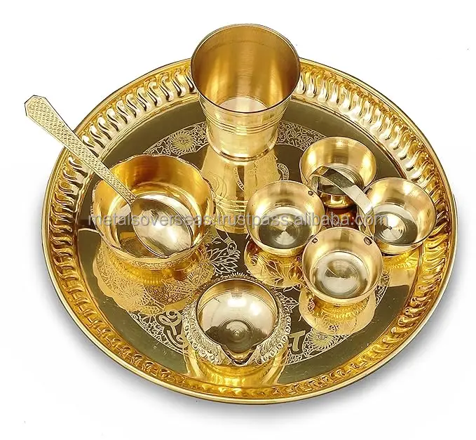 Brass Pooja thali Set 8 Inch with Pital Puja Plate Kumkum Holder Puja Arti Thali for Diwali Home Mandir Office Return Gift Items
