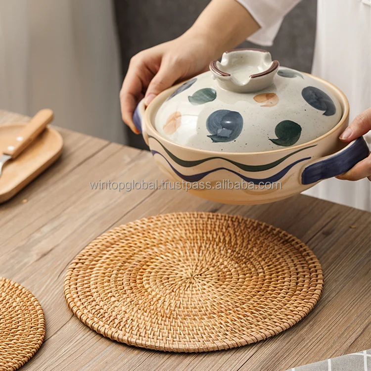 Japanese Style Round Oval Woven Platemats Straw Braid Table Scald-proof Cup Mat Kitchen Gadget Tools For Dining Table