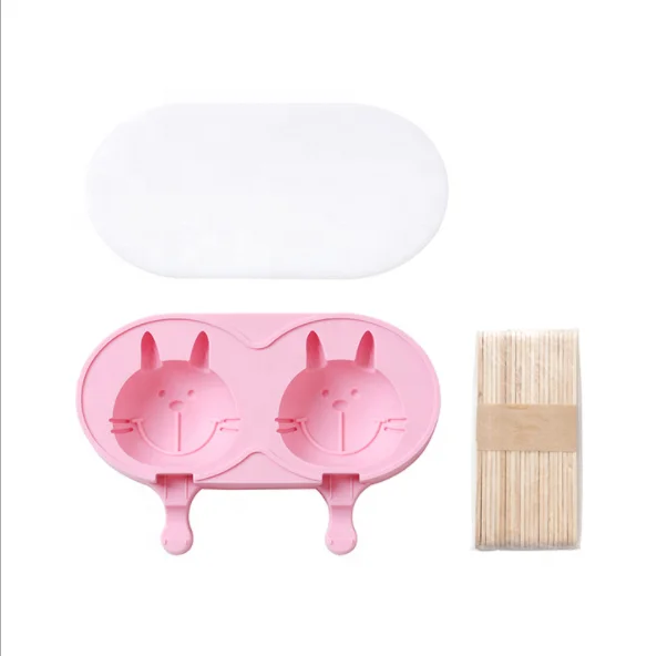 Amazing 2 Cavities Homemade DIY Reusable Silicone Animal Shaped Ice Cream Pop Maker Mold with Lids and Wooden Sticks