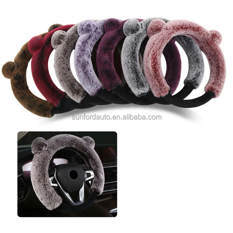 Custom Luxury Cute Furry Fluffy Car Steering Wheel Cover Protector 3 Pcs Women Fur Soft lv Steering Wheel Cover Set for Toyota
