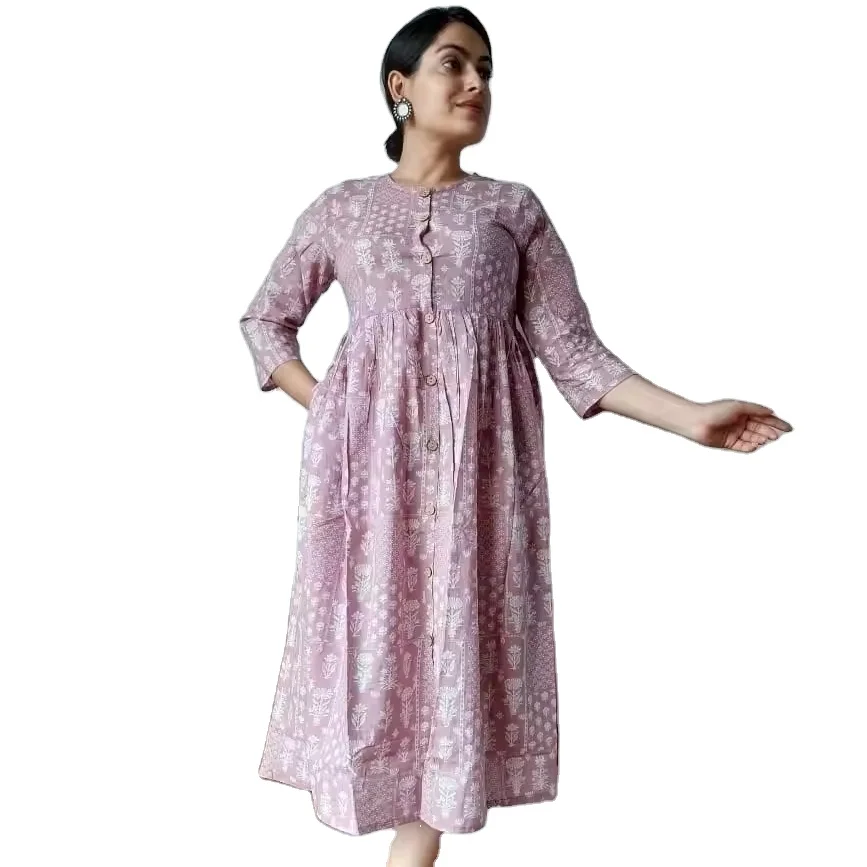 Simple Cotton Printed Midi Length Women Dress Floral Pattern Casual Style Gown Dress with Sleeves at Wholesale Price in India
