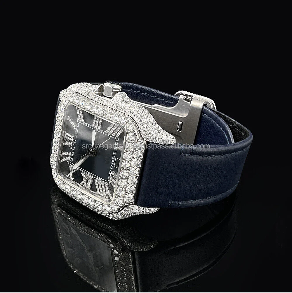 Custom Design Blue Leather Belt Iced Buss Down Square Dial Vvs Clarity White Moissanite Diamond Men Watch At Factory Price