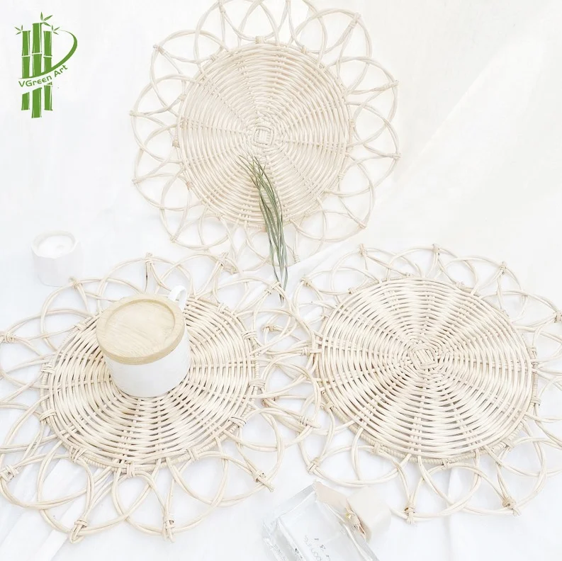 KITCHEN ACCESSORIES woven rattan placemat wood coaster round charger plates flower shape white brown wedding decoration supplies