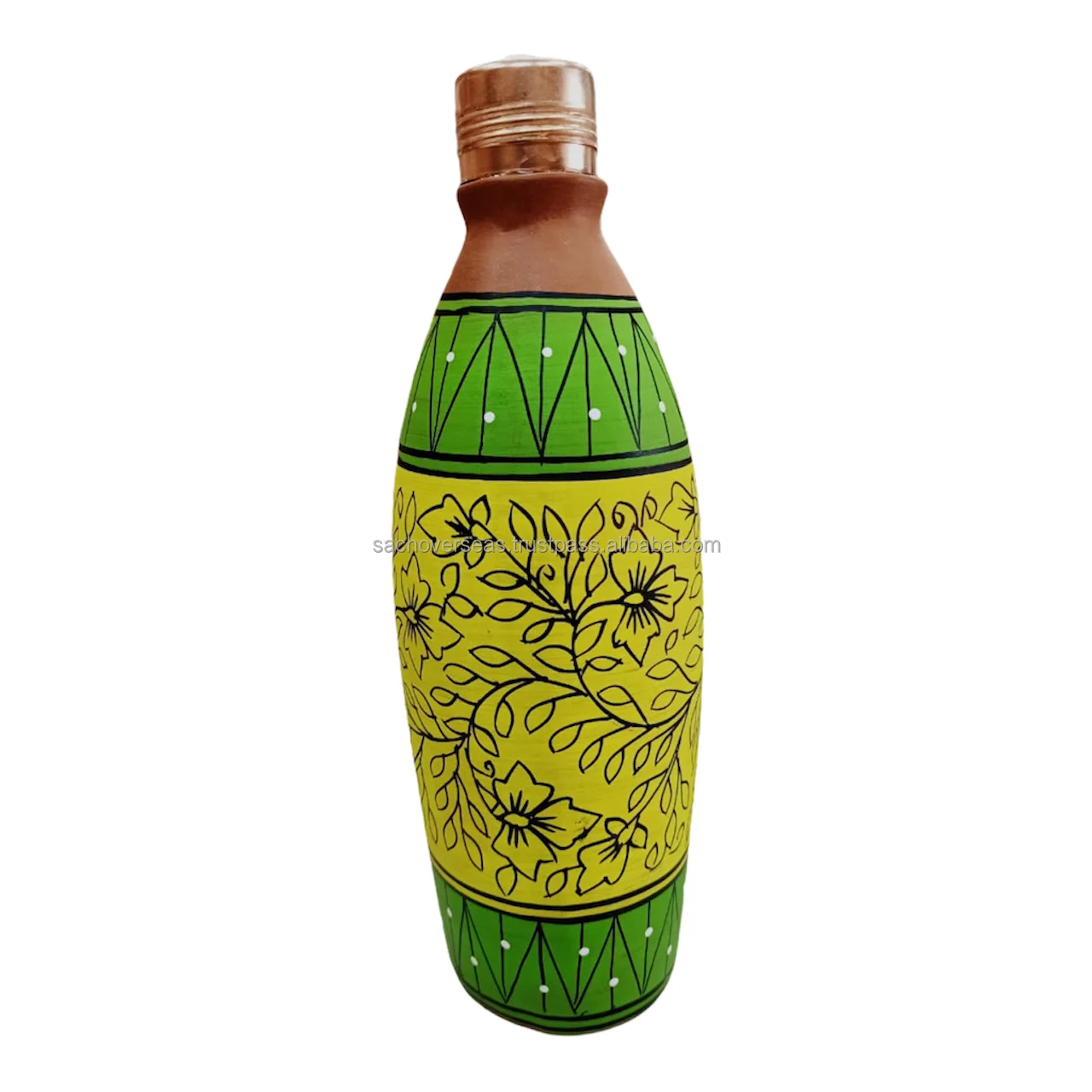 Handmade Earthen Clay Water Bottle With Unique Traditional Painting and Steel Lid For Drinking Water 900 ML