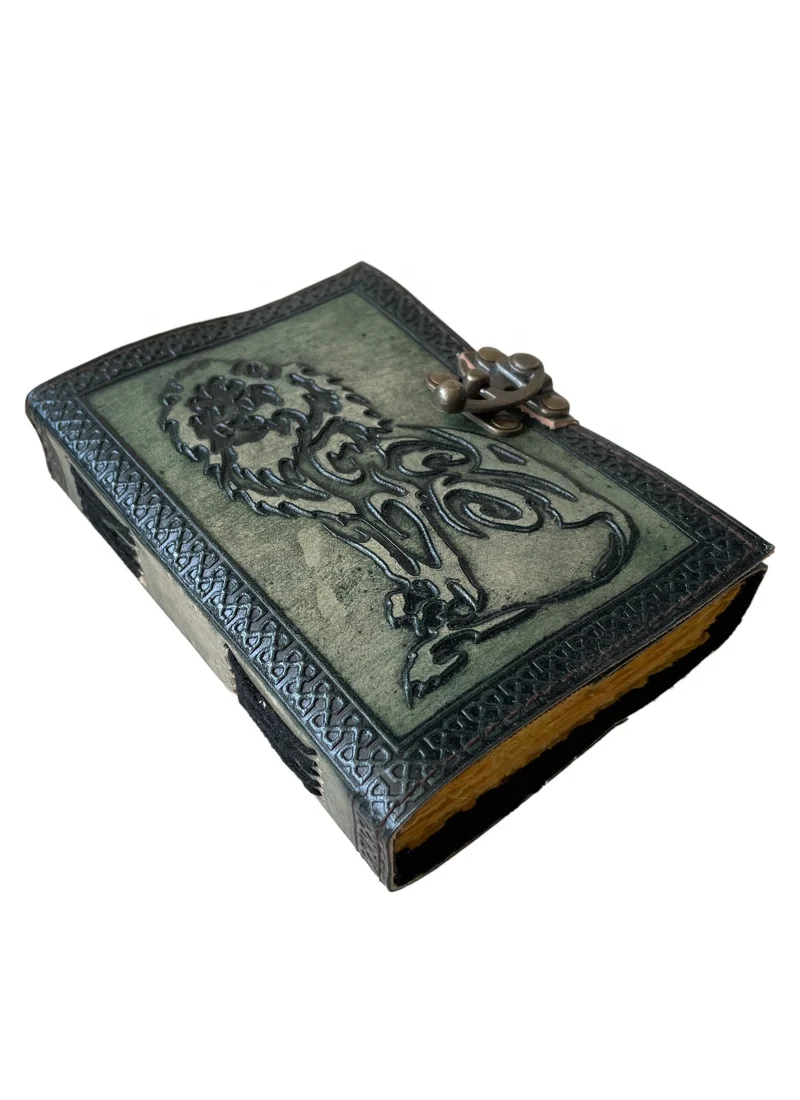 Vintage Leather Journal 200 Sketchbook Book of Charmed Spell Antique Handmade Deckle Edge Paper Lion Charcoal Green Embossed