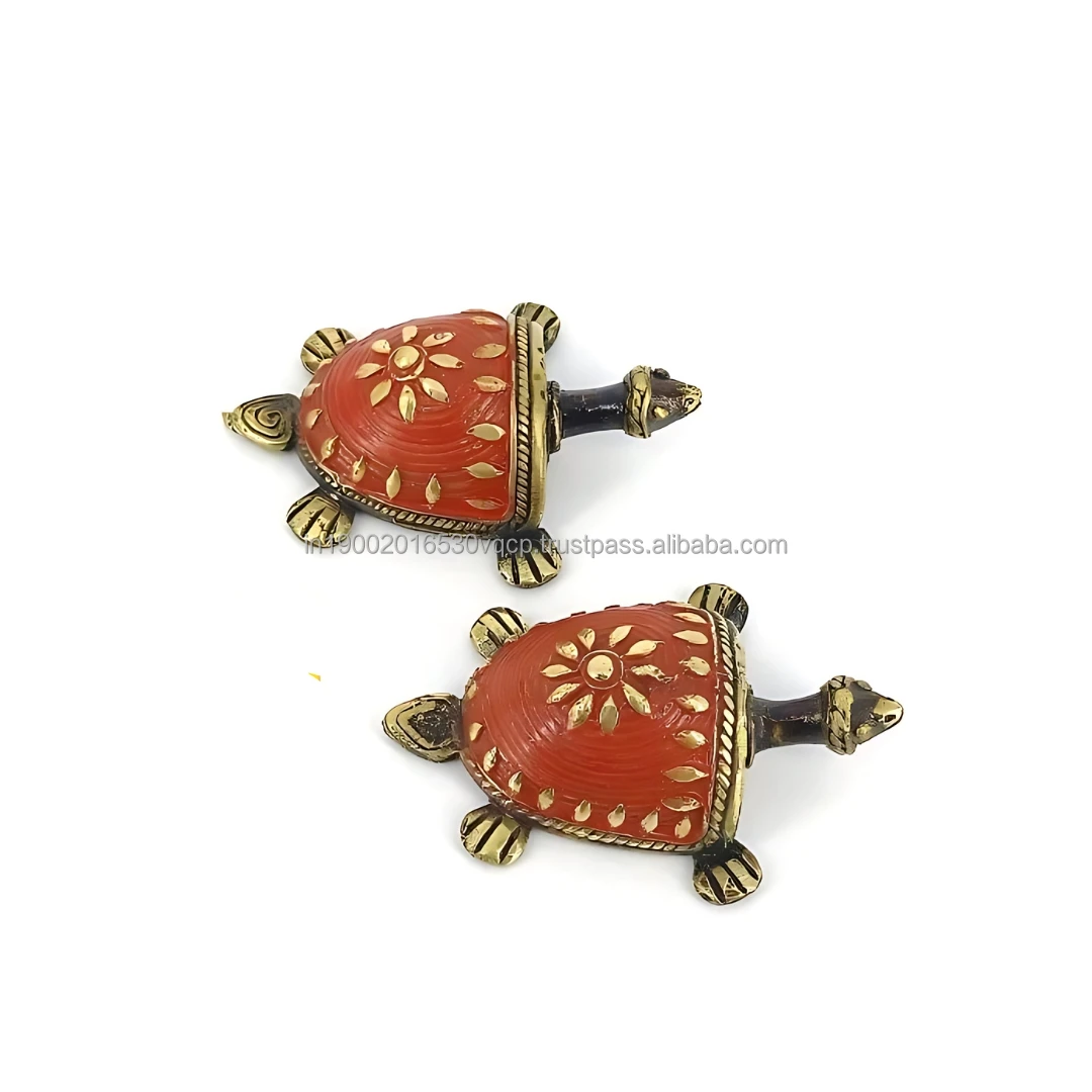 Crafted Tribal Brass Handmade Red Brass Tortoise Showpiece Statue Turtle Figurine Red 3.5 inch Table Weight