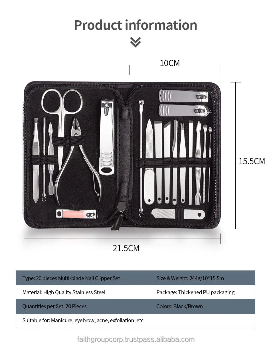 20 Pcs Nail Clipper Set Stainless Steel Manicure Pedicure Set Portable Nail Cutter Kits Multifunction Nail Cleaning Makeup Tools