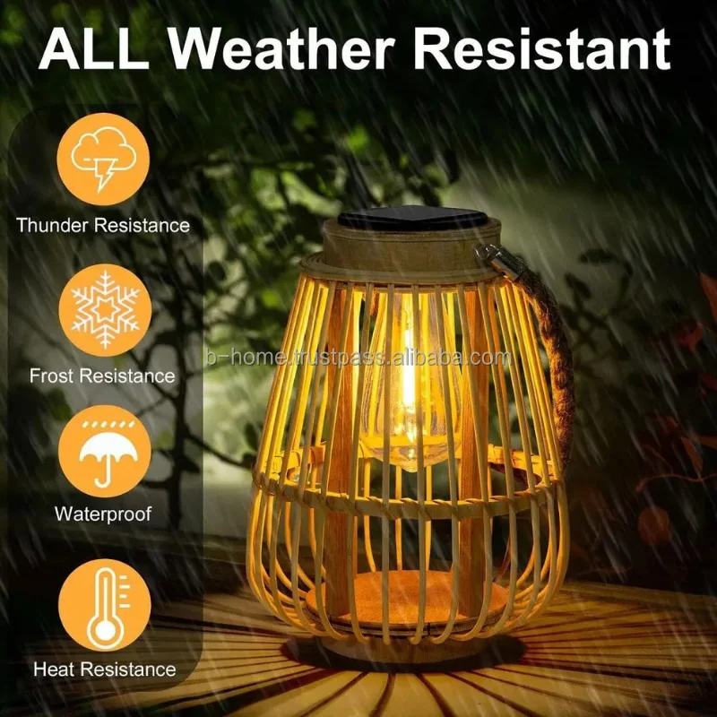 Outdoor Hanging Solar Lantern Waterproof Wicker Bamboo Rattan Lamp with RGB Chandelier round Neck Bamboo Fan Handicraft