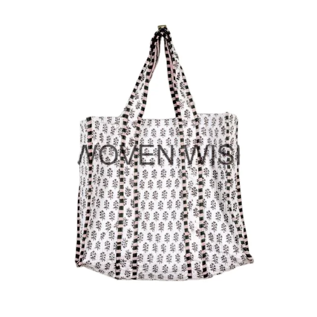 Quilted Tote Shoulder Patch Bag Cotton Handprint Floral Eco-friendly Sustainable bag Yoga Shopping Beach Artist Boho Weekend Bag