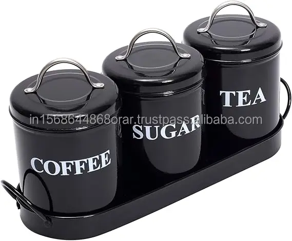 Retro Farmhouse Country Decor round Airtight Metal Tea Coffee Sugar Storage Canister Container Jar Set of 3
