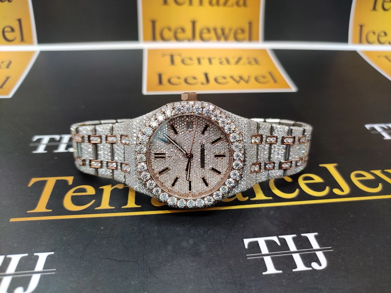 Premium Quality Antique Fully Iced Out Watch VVS Clarity Moissanite Studded Diamond Watches Luxury Stainless Steel Watch for Men