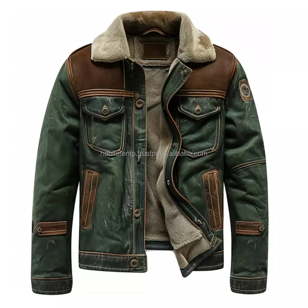 Men Trucker Leather Jackets Heritage Shearling Lined Distressed Fashion Pockets Classic College Style Green