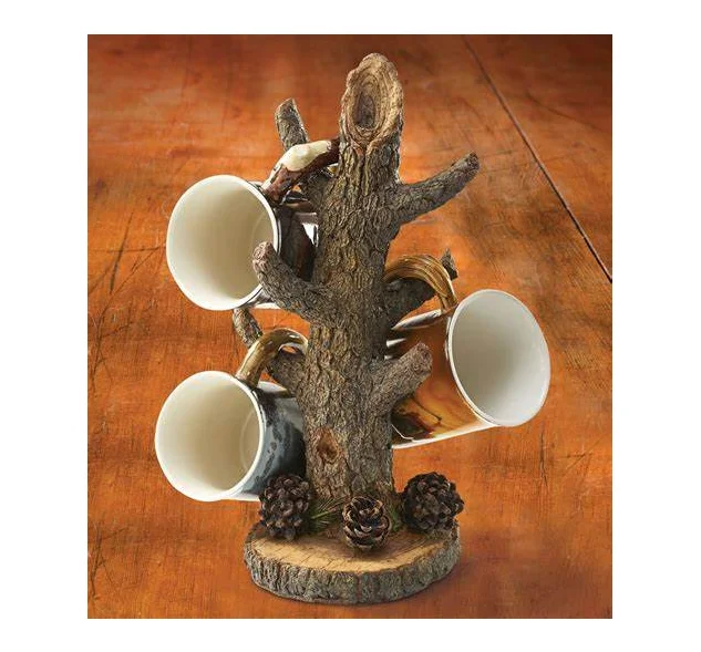Coffee Mug Holder Wood Shelf Rustic Wall Mounted Cup Organizer Hanging Rack with 12 Hangers for Kitchen / Home / Coffee / Bar