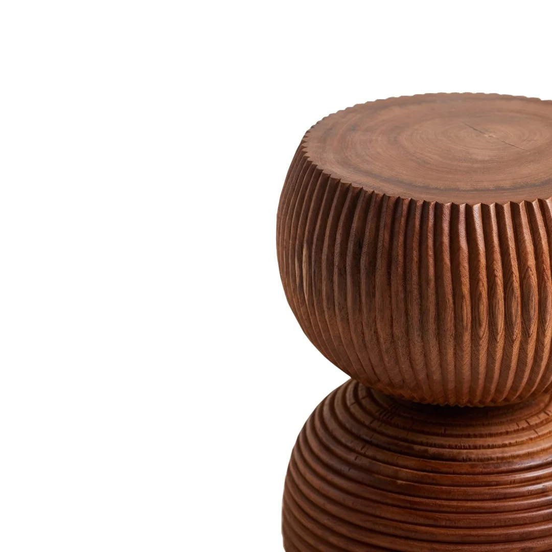 Modern Stool Solid Teak Wood With A Rippled Texture Natural Finish For Living Room Furniture Jati