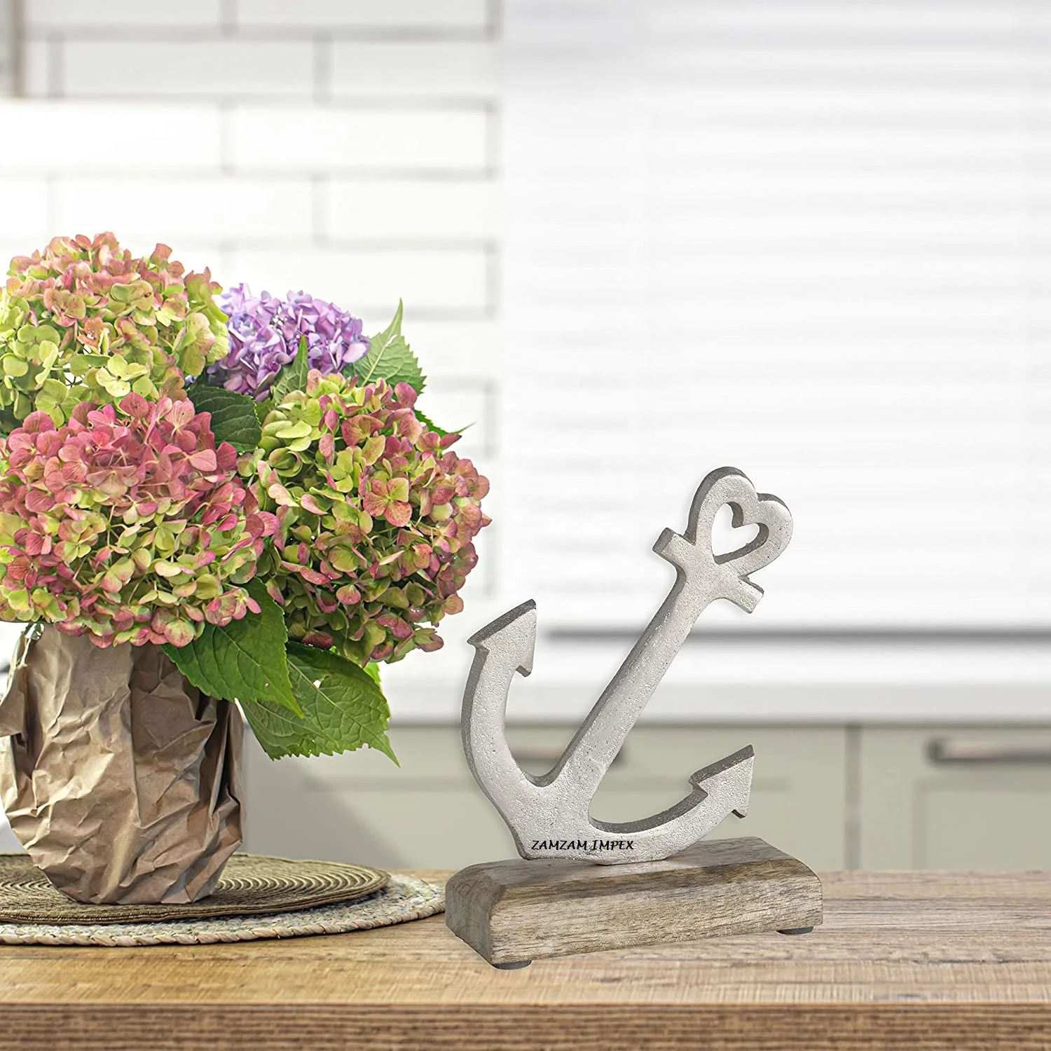 Hand Cast Aluminum Anchor Sculpture With Mango Wood Base