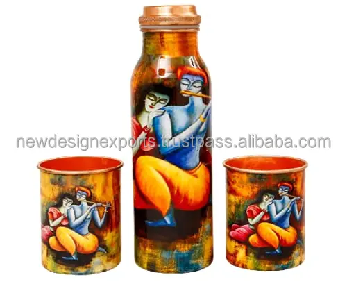 Copper Bottle Set Radha Krishna Print with Set of 2 Glasses BEST gift & FOR Home use