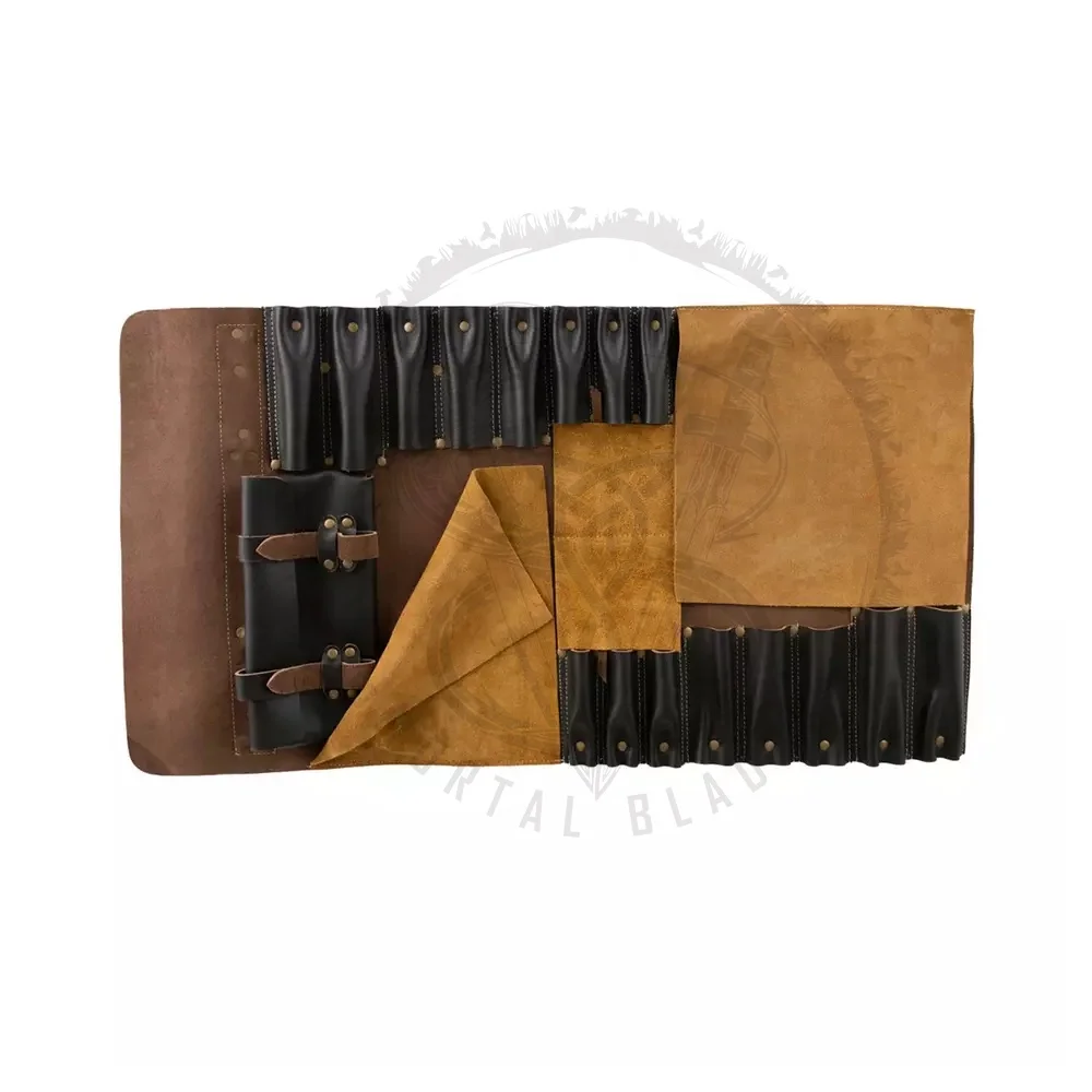 Custom Best Quality Real Leather Knife Roll Storage Bag Chef Tool Kit Bag With Pockets