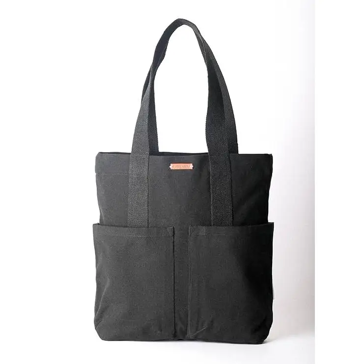 Womens Vertical Stylish Black 5 Pocket Tote Bag 100% Organic Cotton Canvas Tote For College & Daily Use