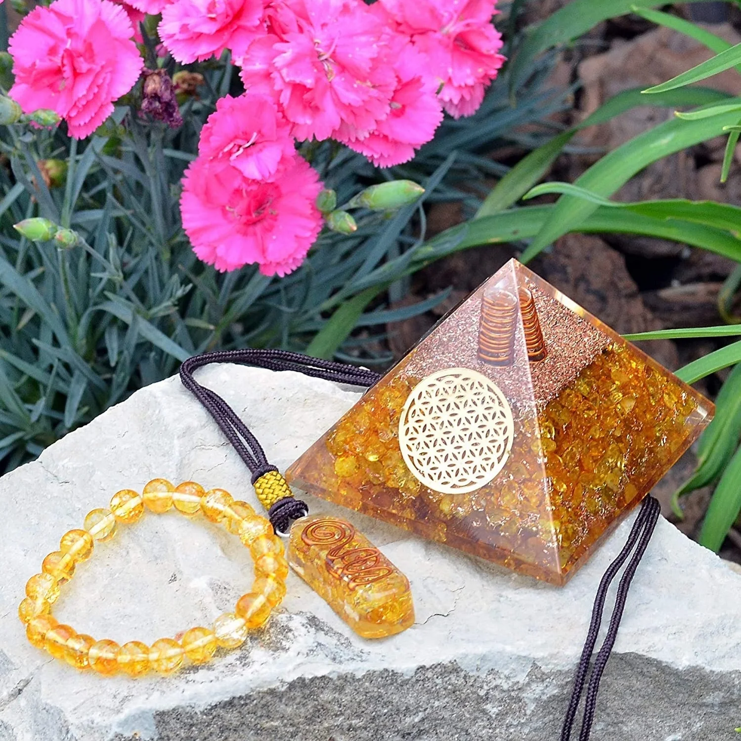 Natural Citrine Orgone Pyramid With Orgone Energy Pendant and Reiki Bracelet Citrine Orgone Sets